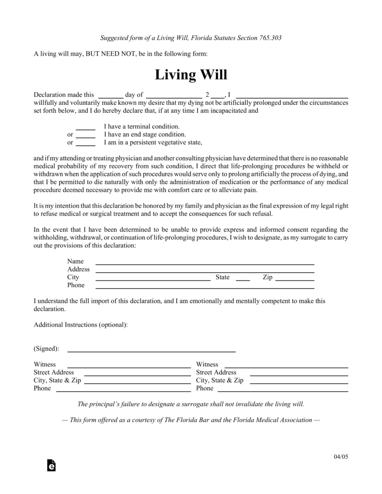 Free Printable Will Forms Florida