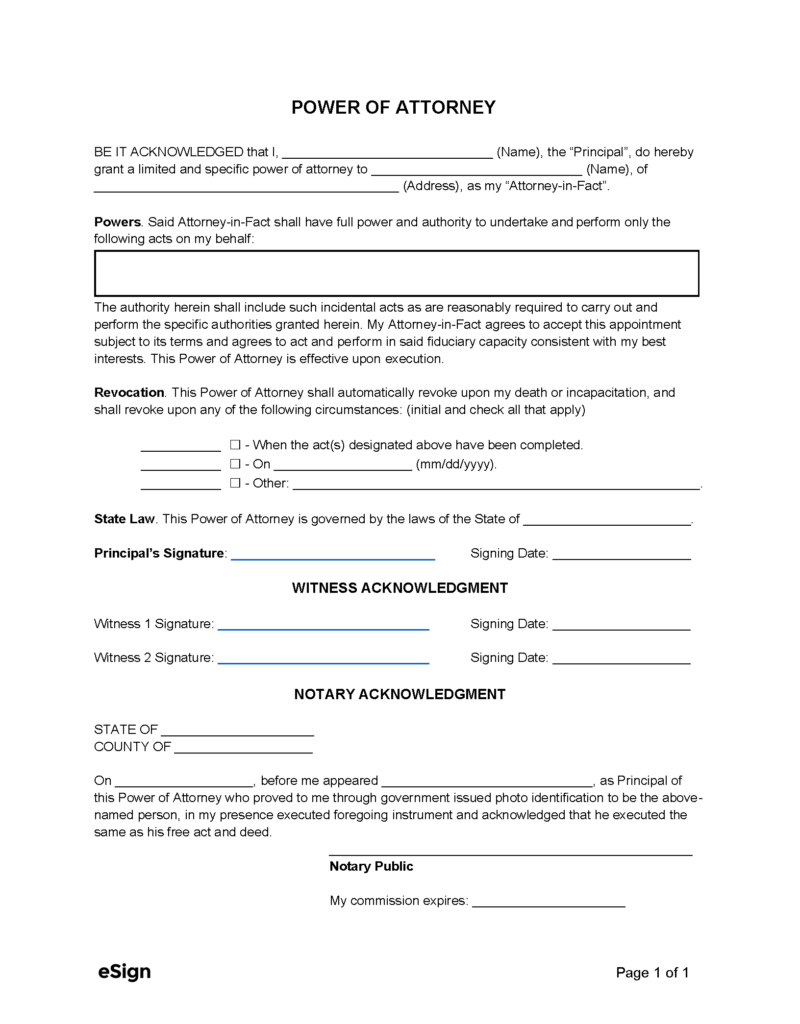 Free Simple 1 Page Power Of Attorney Form PDF Word