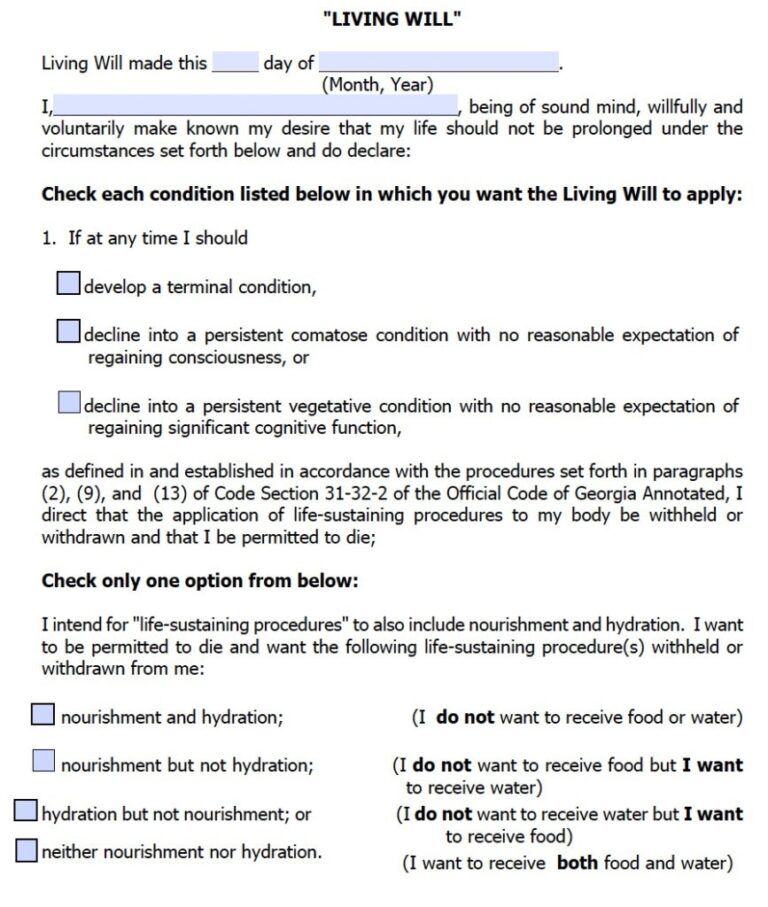 Georgia Living Will Form Advance Directive Living Will Living Will 