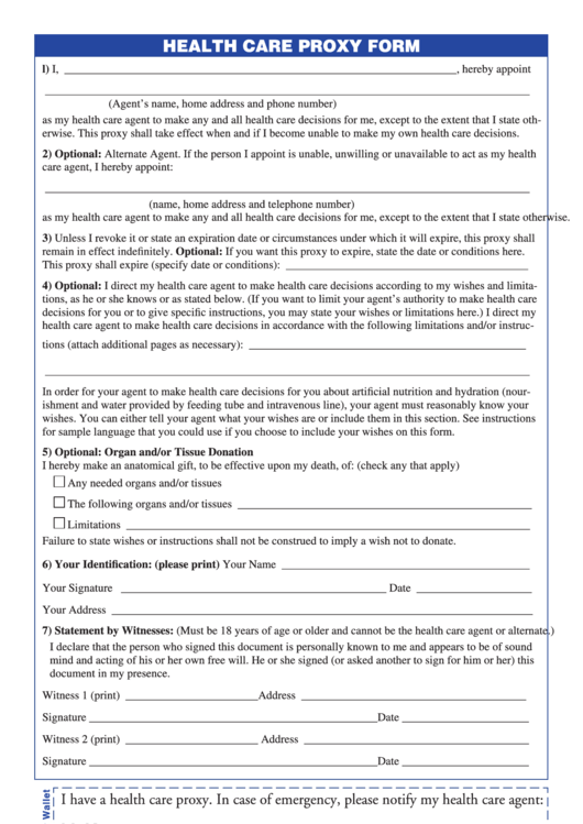 Health Care Proxy Form Printable Printable Forms Free Online