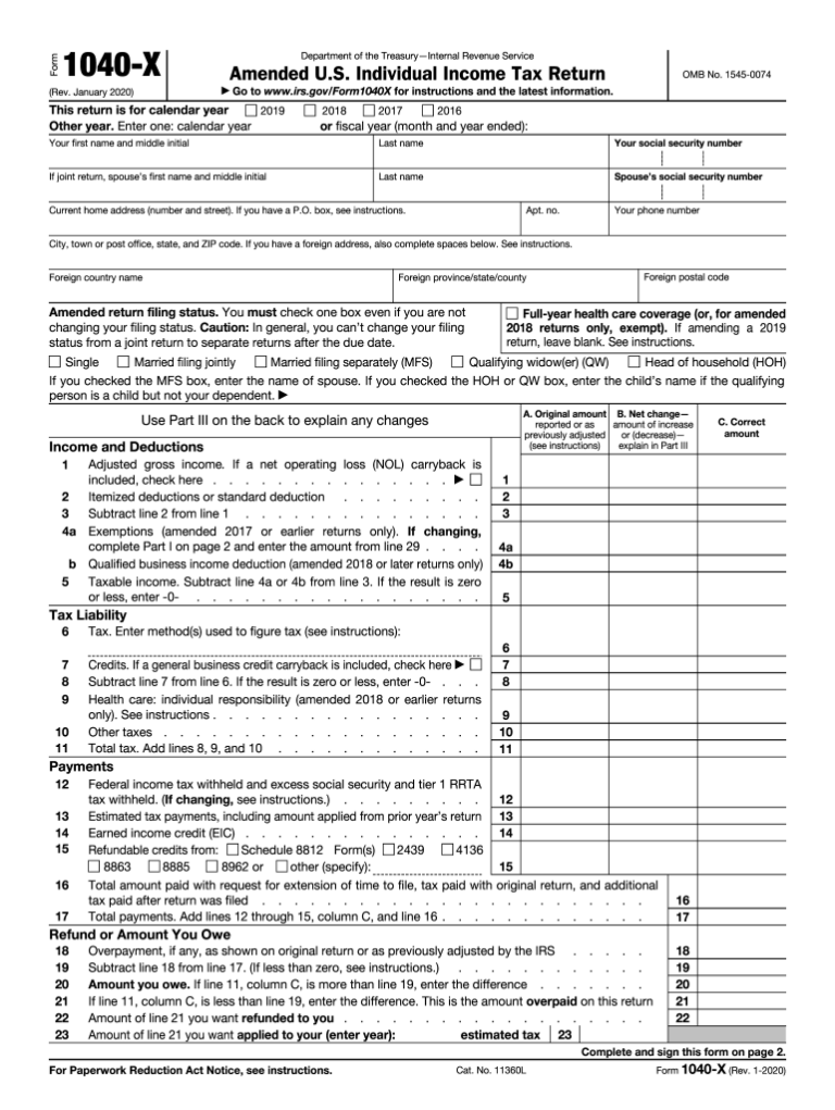 IRS 1040 X 2020 Fill And Sign Printable Template Online US Legal Forms