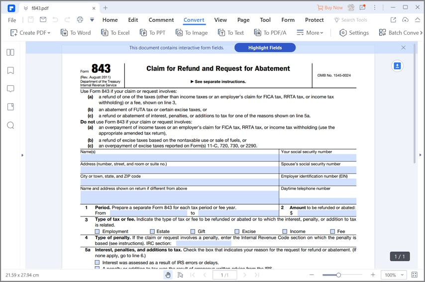 Irs Form 843 Printable