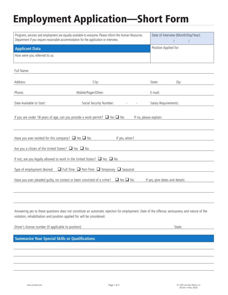 Job Application Free Printable