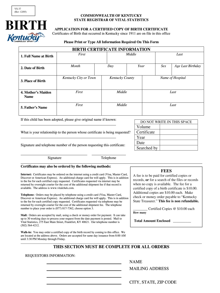 Kentucky Birth Certificate Application PDF Form Fill Out And Sign 