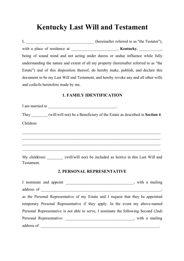 Kentucky Last Will And Testament Template Download Printable PDF 