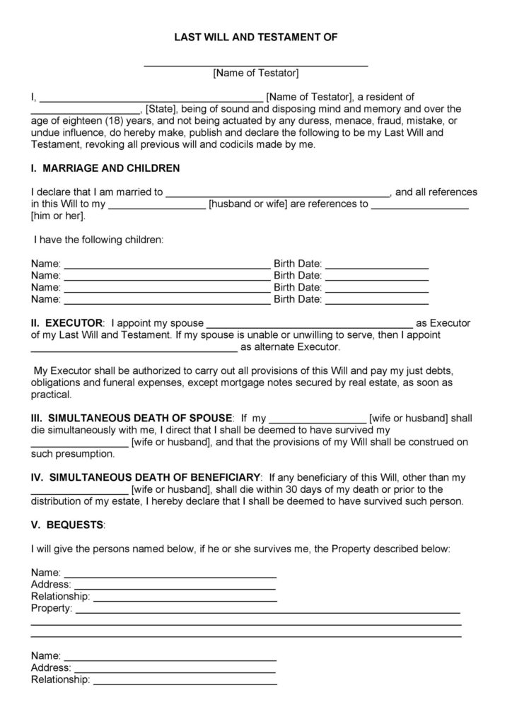 Last Will And Testament Free Printable Format