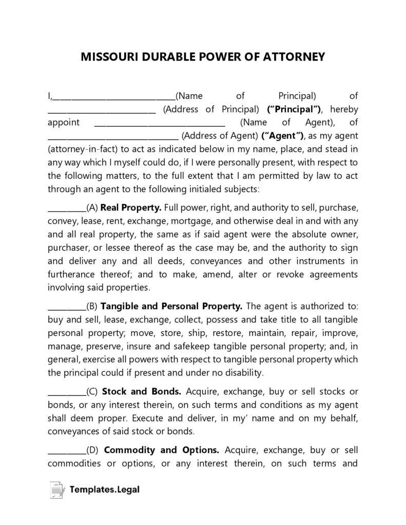 Missouri Power Of Attorney Templates Free Word PDF ODT 