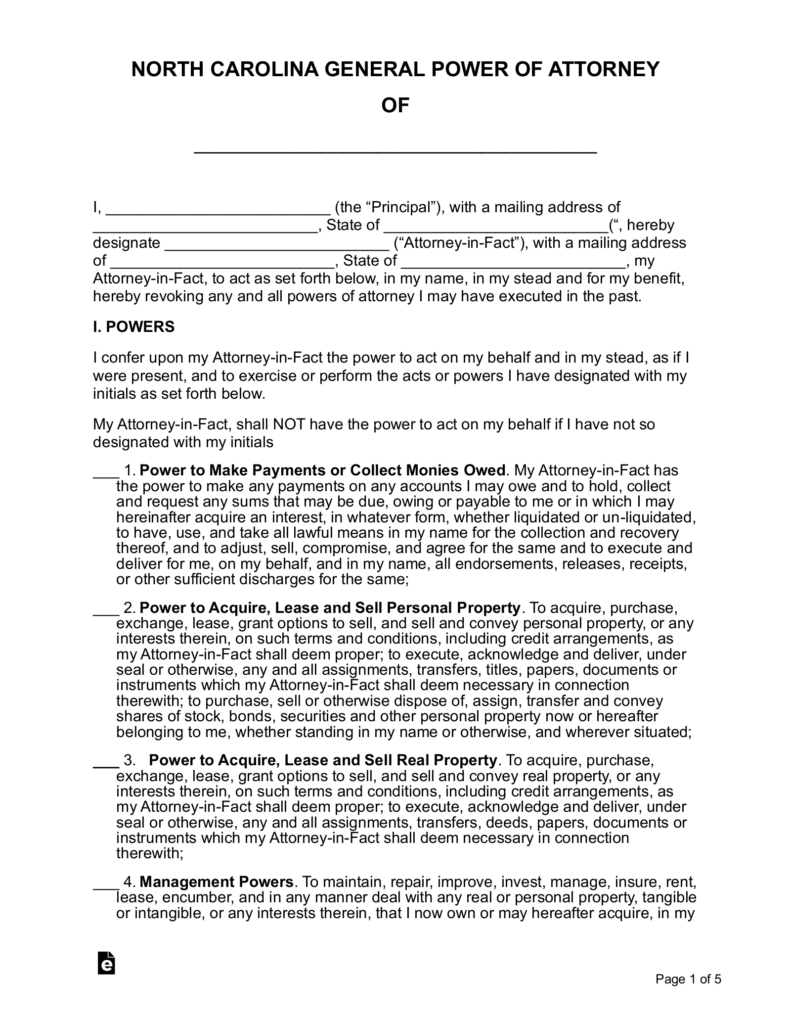 Nc Power Of Attorney Forms Free Printable