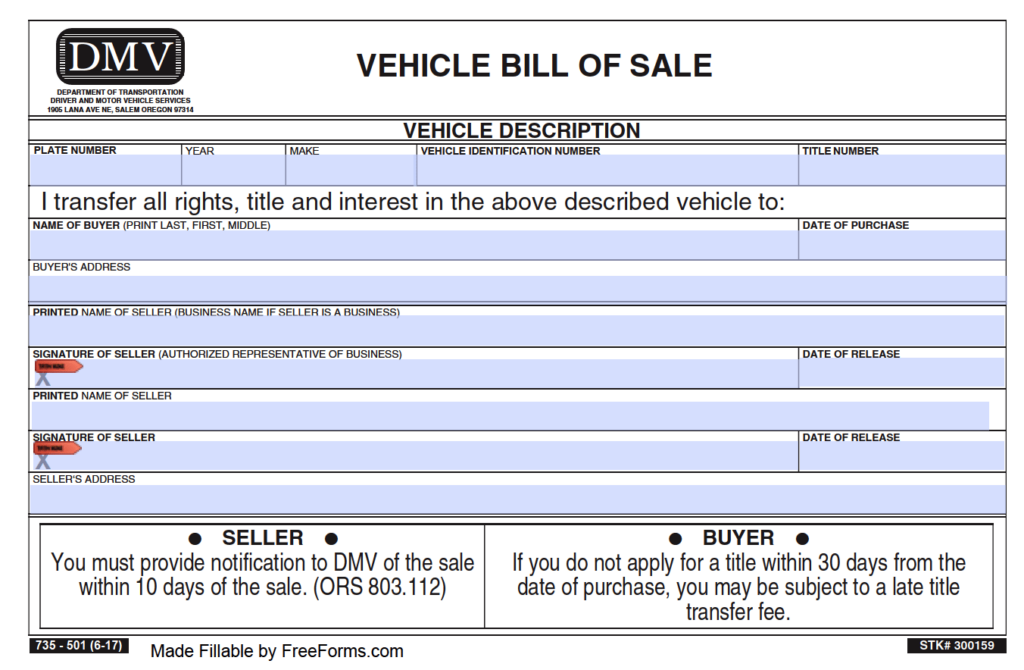 Oregon Dmv Bill Of Sale Form Printable