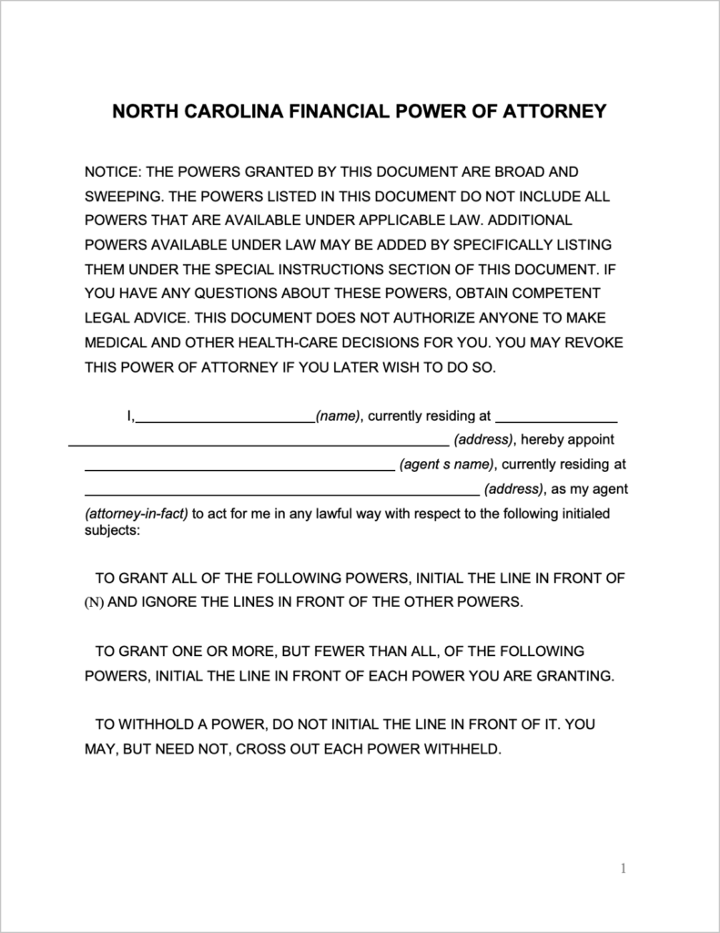 Power Of Attorney Form N c Printable