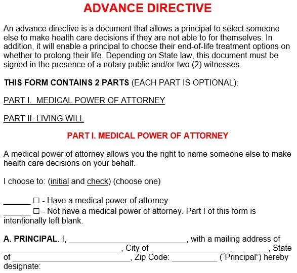 Printable Advance Directive Form Word Excel TMP