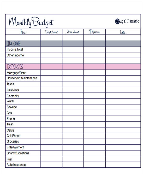 Printable Budget Forms