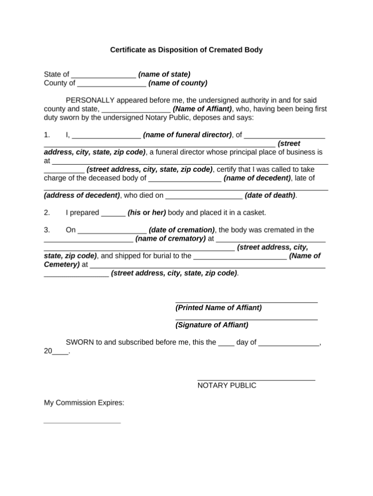 Printable Form For Cremation