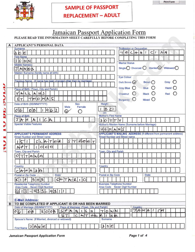 Sample Filled In Jamaican Passport Application Form Printable Pdf Download