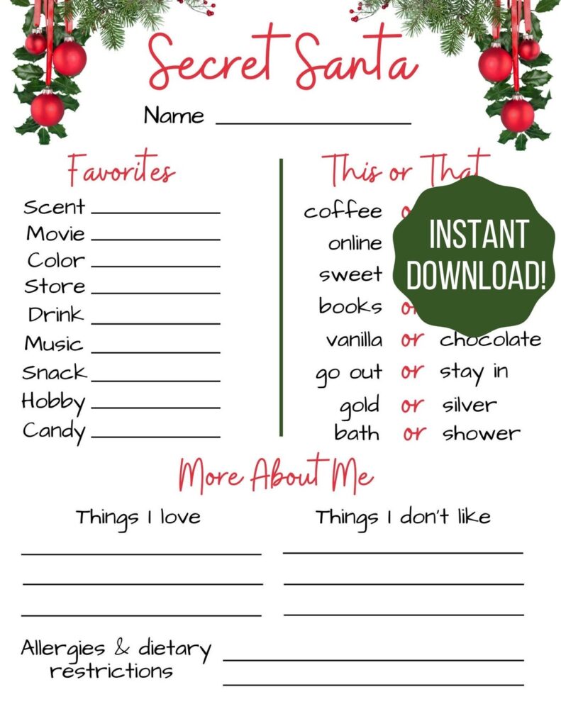 Secret Santa Questionnaire Secret Santa Form Christmas Printable Etsy